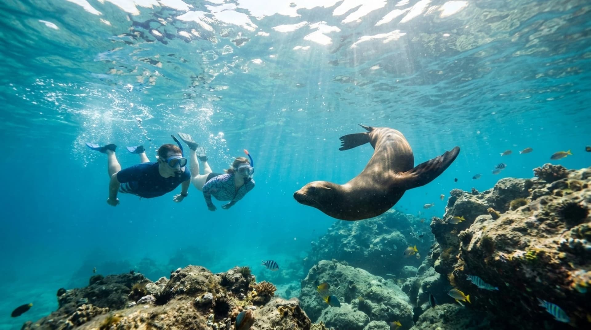 Tourists snorkeling with a sea lion in the clear turquoise waters near Espíritu Santo Island in La Paz Mexico.