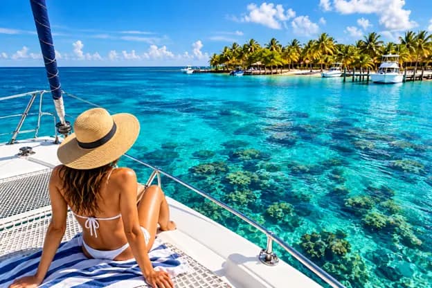 Belize weather in November with a woman relaxing on a catamaran overlooking turquoise Caribbean waters.