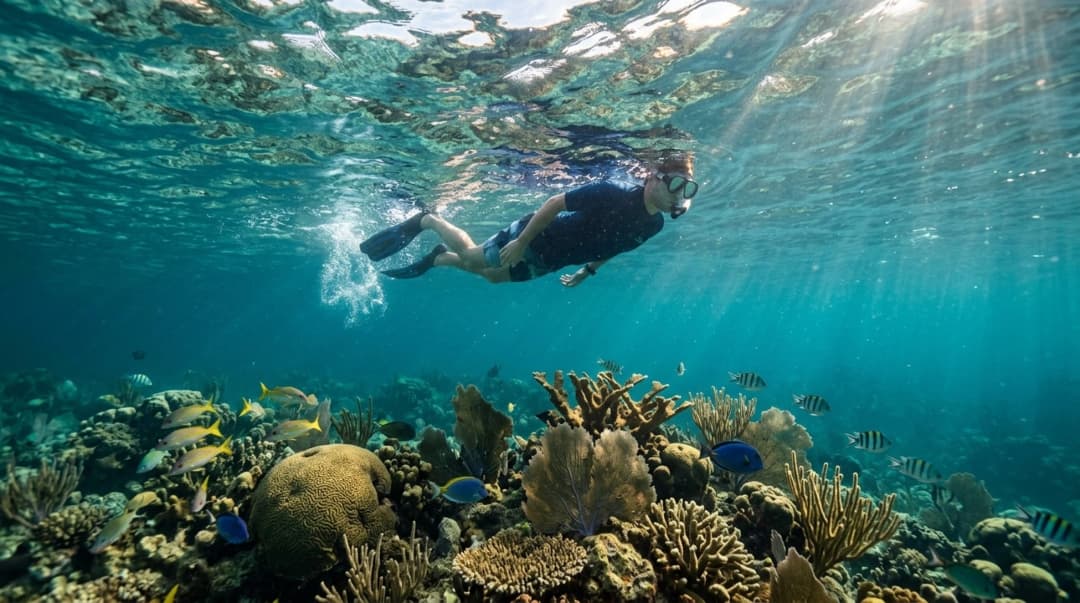 Snorkeler exploring a colorful coral reef with tropical fish in the clear turquoise waters of Belize's Caribbean Sea.