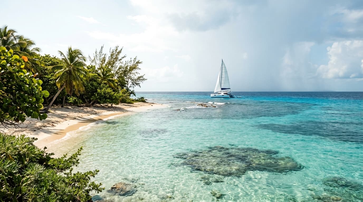 Cozumel weather in October with turquoise water, sandy beach, catamaran, and snorkelers under partly cloudy tropical skies