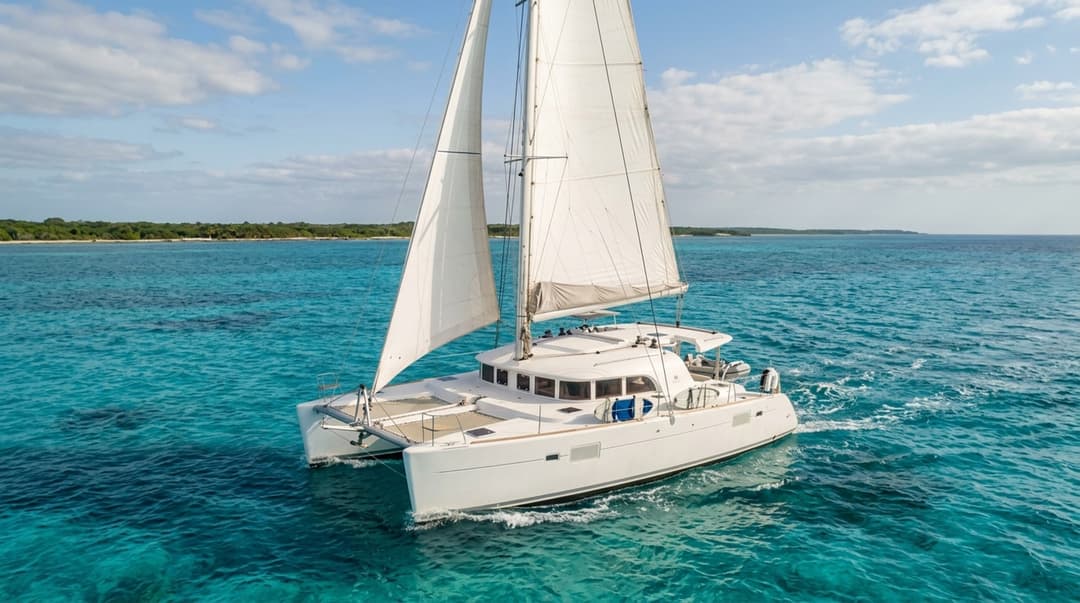 White sailing catamaran cruising through turquoise Caribbean waters near Cozumel Mexico on a sunny January day