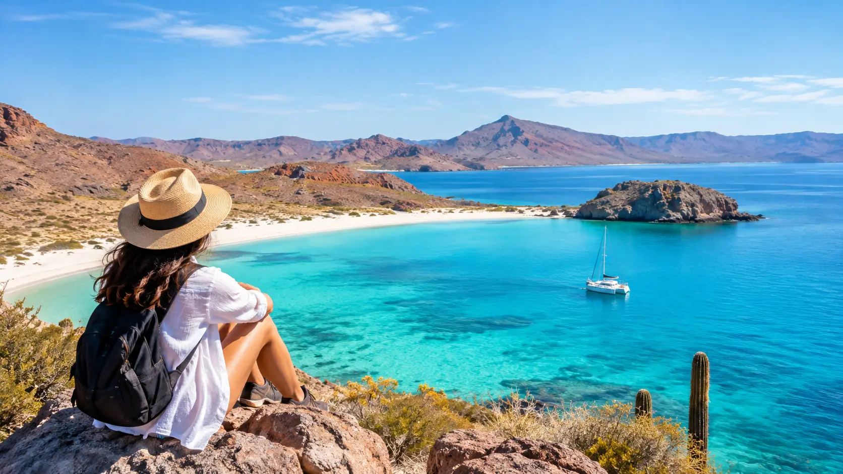 Scenic turquoise waters and sandy beaches of La Paz, Mexico, with a traveler overlooking the bay under clear blue skies.