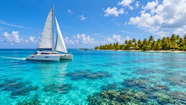 White catamaran sailing across turquoise Caribbean waters near a palm-lined island in Belize on a sunny December day.