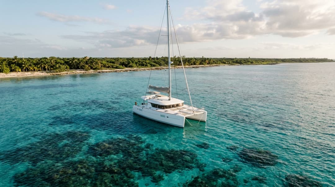 White catamaran on calm turquoise water in Cozumel with reef colors and partly cloudy October skies