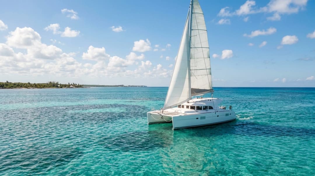 White catamaran sailing in turquoise Caribbean water near Cozumel Mexico on a warm November day under a partly cloudy sky