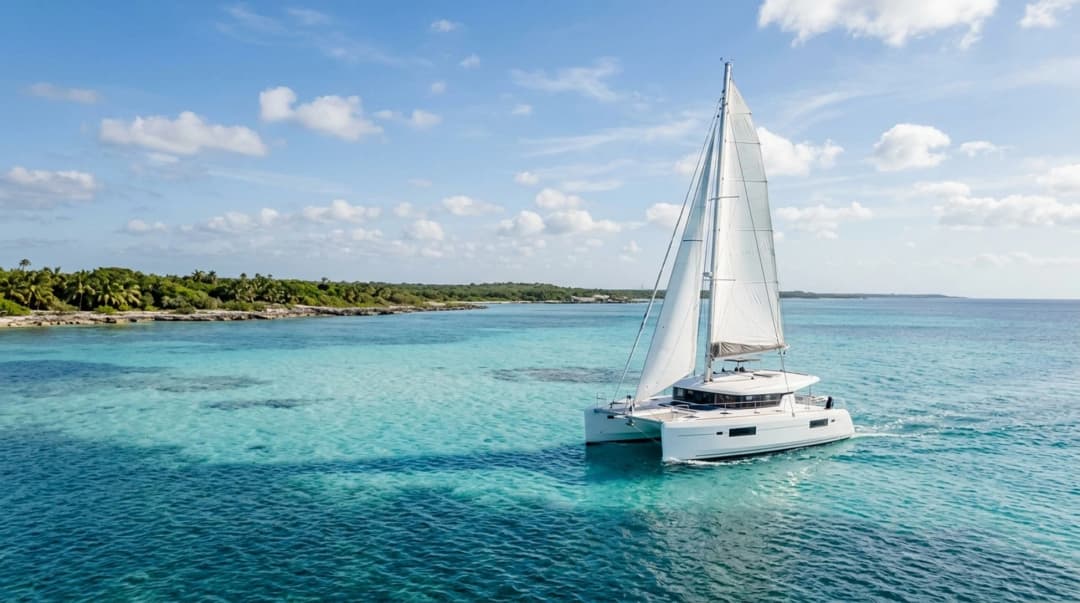 White catamaran sailing in turquoise Caribbean water near Cozumel Mexico on a sunny December day