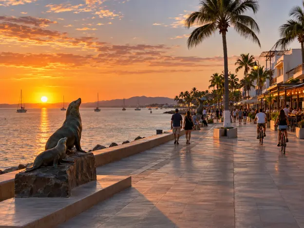 La Paz Malecón at sunset with people walking and cycling along the palm lined waterfront, sea lion sculptures, sailboats and ocean views.