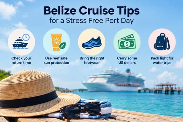 Belize cruise travel tips infographic showing ship return time, reef safe sunscreen, footwear, US dollars and packing essentials.