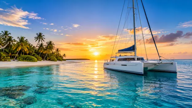 White sailing catamaran on turquoise Caribbean waters near a palm-lined beach in Belize, with a golden sunset and clear skies.