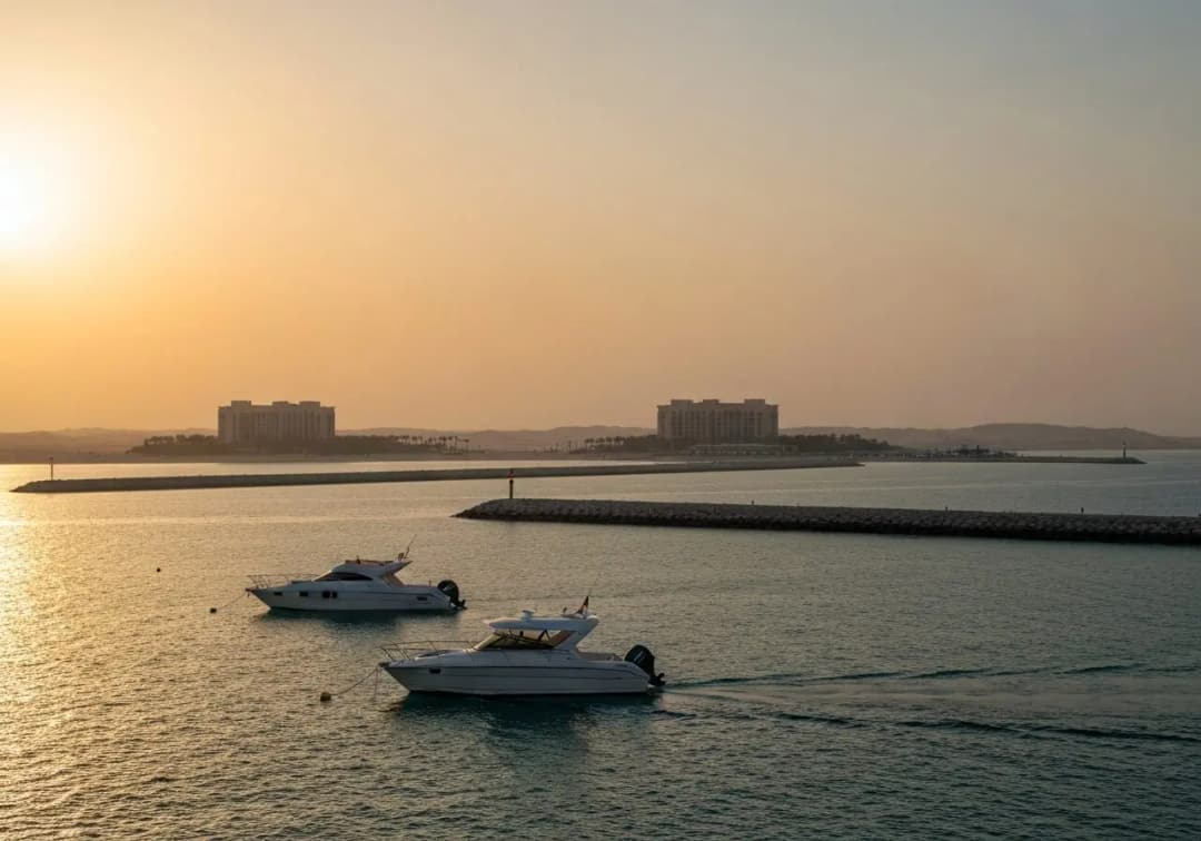 Two motor yachts on calm water near stone breakwaters and waterfront hotels at a hazy golden sunset in Dubai