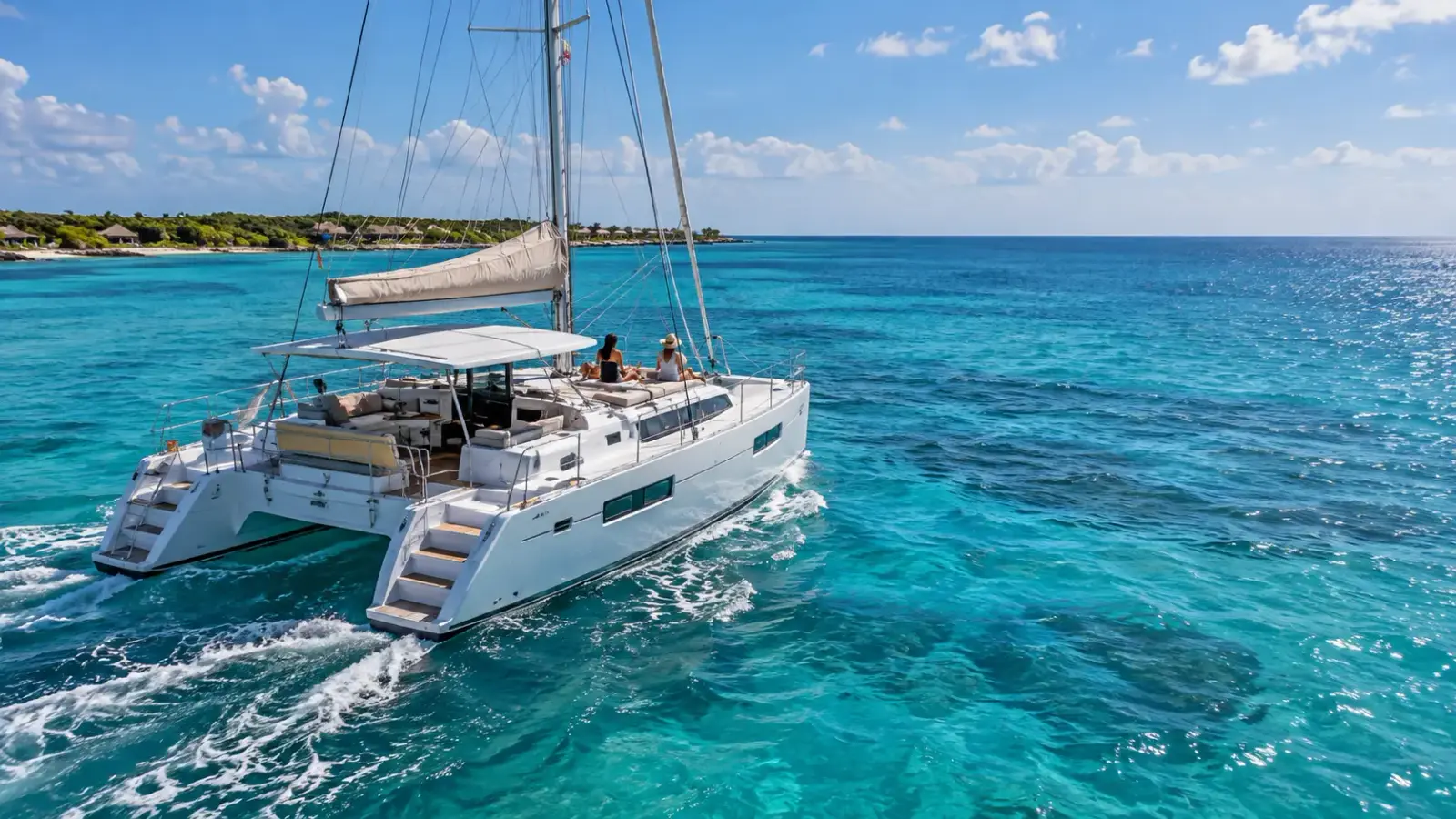 Luxury catamaran cruising through turquoise Caribbean waters during private excursions in Cozumel.