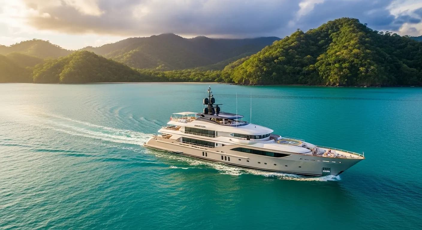 Large multi-deck motor yacht cruising turquoise water past jungle-covered hills in Costa Rica
