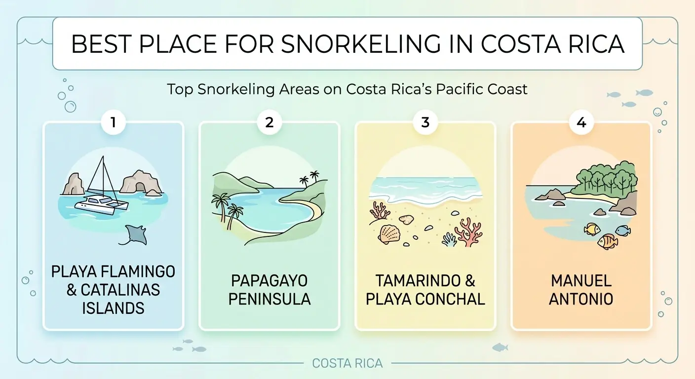 An infographic comparing top Costa Rica Pacific snorkeling areas (Playa Flamingo, Papagayo, Tamarindo, Manuel Antonio).
