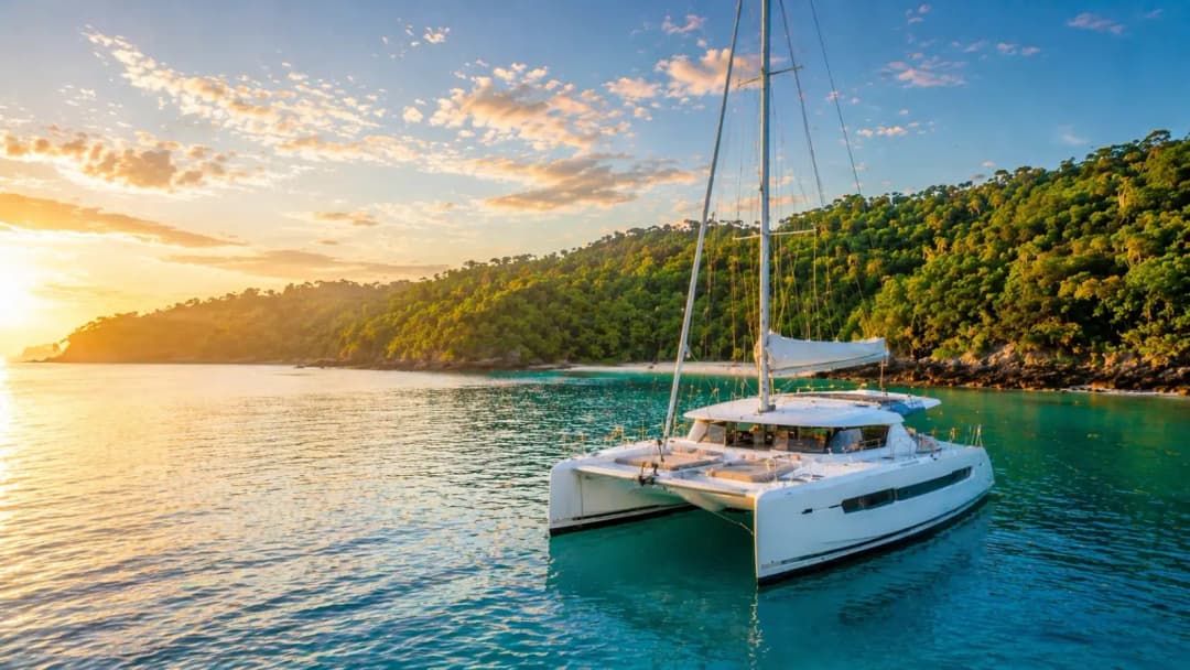 Best catamaran tours Costa Rica featuring a luxury white catamaran sailing on calm turquoise water near tropical coastline at golden hour.