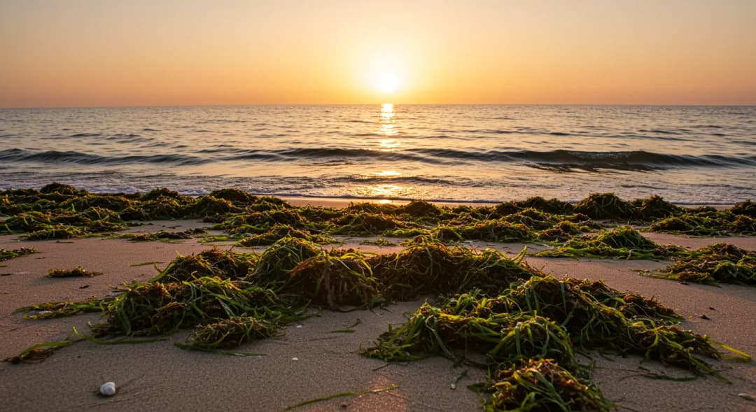 Clumps of sargassum seaweed washed up on a sandy Cancun beach under a low golden sun