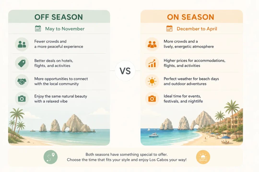 ON-season in Los Cabos compared with the off season, showing travel benefits, crowds, prices, weather, and activities.