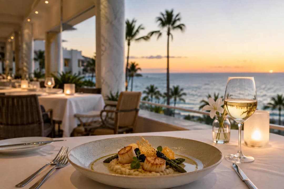 Sunset fine dining at a seaside restaurant in Los Cabos with scallops, wine, palm trees, and an ocean view.
