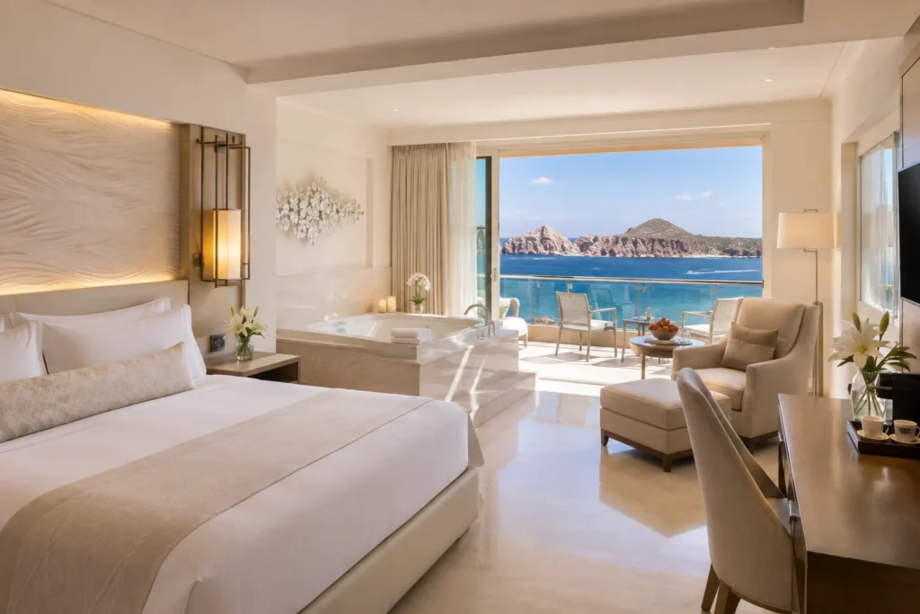 Luxury oceanfront suite in Los Cabos with a king bed, private balcony, and panoramic view of the Sea of Cortez.