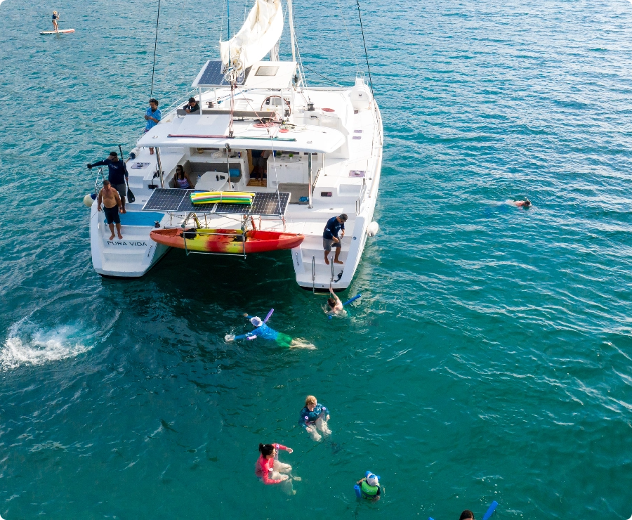 A catamaran with people swimming and kayaking around it in clear turquoise waters, enjoying a sunny day.