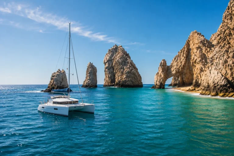 Catamaran sailing past iconic rock formations in Cabo San Lucas, one of the top things to do in Cabo San Lucas.