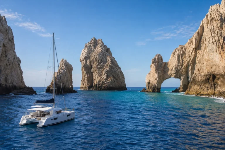 Cabo itinerary featuring a catamaran cruising past the iconic El Arco rock formations in Cabo San Lucas.