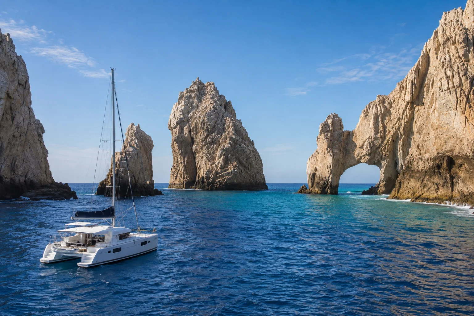 Cabo itinerary featuring a catamaran cruising past the iconic El Arco rock formations in Cabo San Lucas.