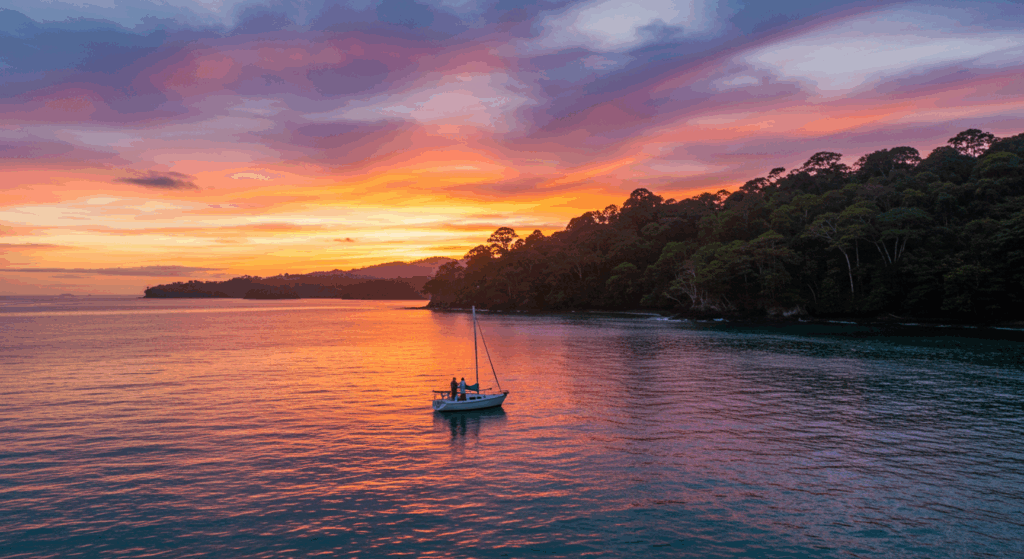 Boat at sunset in Costa Rica, showcasing vibrant colors.