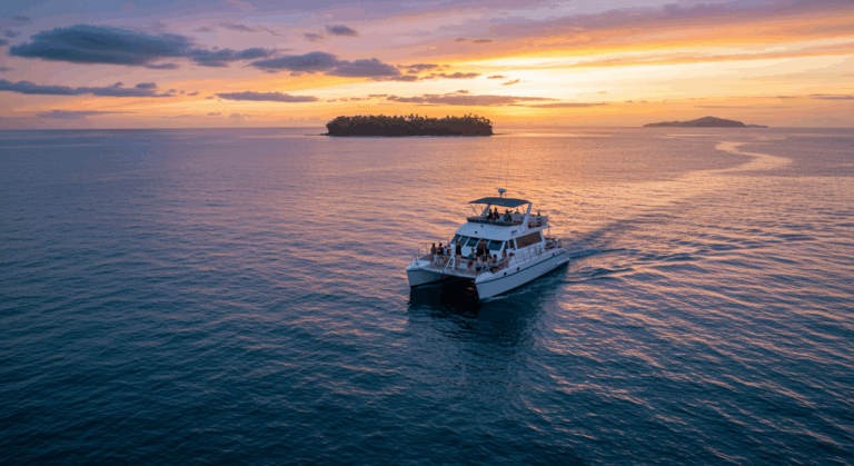 Isla Tortuga at sunset, with a yacht cruising on calm waters.