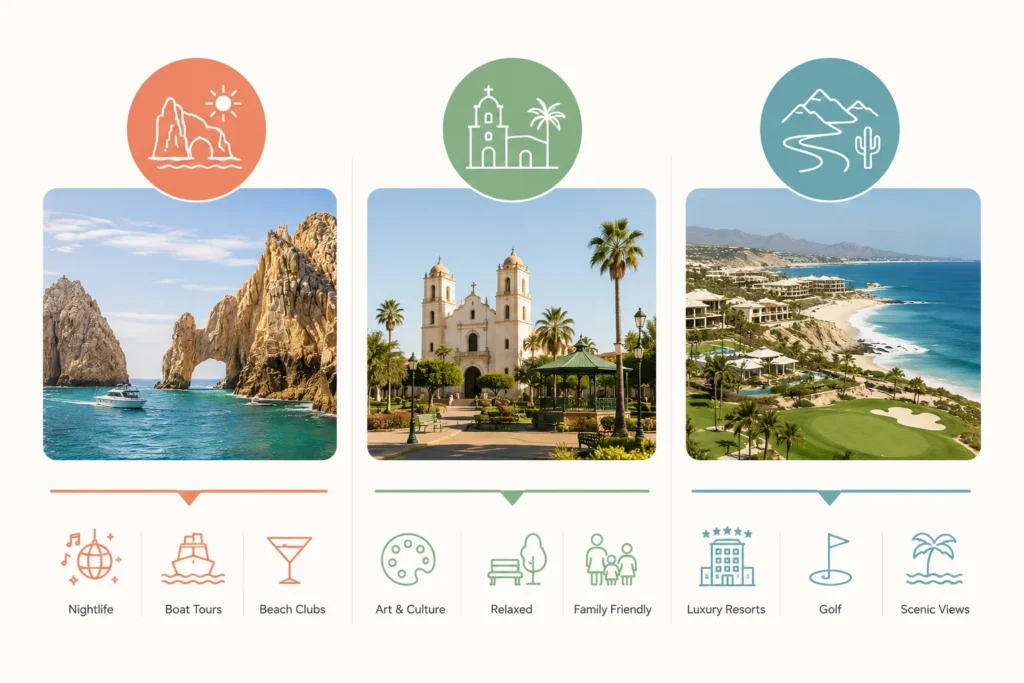 San José del Cabo vs Cabo San Lucas comparison infographic showing nightlife and boat tours, art and culture, and luxury resorts and golf.