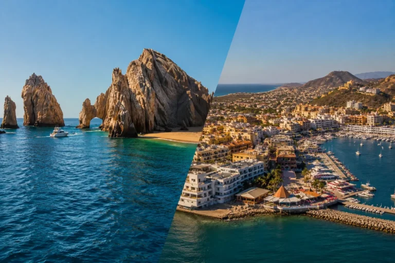 Cabo San Lucas vs Los Cabos showing dramatic coastal rock formations and turquoise ocean on one side and the developed marina and cityscape of Los Cabos on the other.