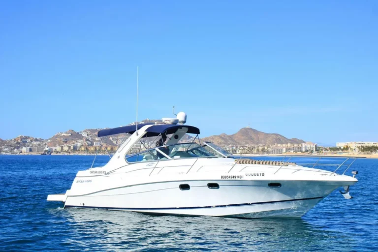 Best beaches in Cabo with a white luxury boat cruising along the blue waters near the Cabo San Lucas coastline.