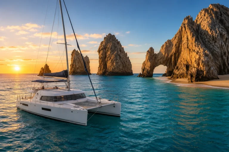 Cabo Excursions for Families featuring a catamaran sailing near the iconic rock formations at sunset.