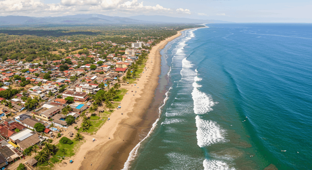 Best Places to Visit in Costa Rica, featuring an aerial view of a vibrant beach town along the coastline with rolling waves.