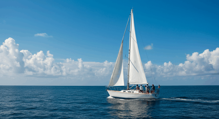 Sailing in Costa Rica on a sailboat against a clear blue sky.