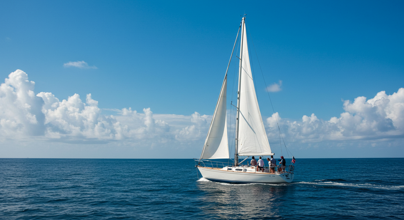 Sailing in Costa Rica on a sailboat against a clear blue sky.