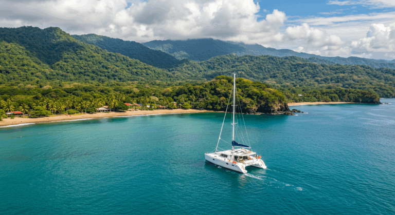 Facts about Costa Rica showcased by a catamaran sailing along a lush coastline.
