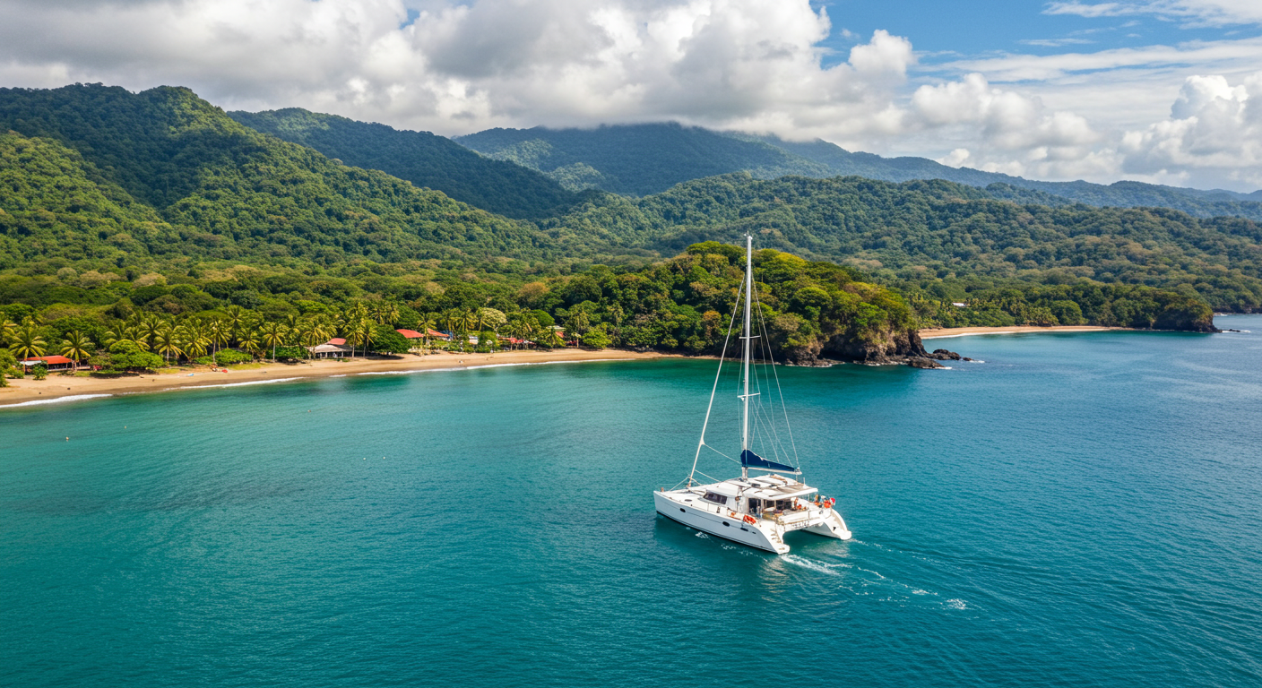 Facts about Costa Rica showcased by a catamaran sailing along a lush coastline.
