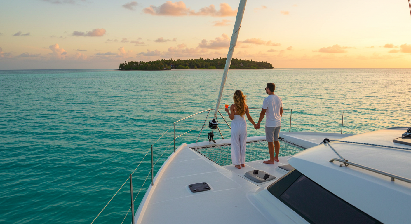 A couple enjoying a meal on a sailboat, surrounded by calm turquoise waters and a distant island backdrop.
