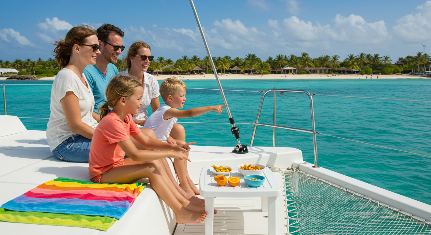 Sailing in Costa Rica with a catamaran navigating vibrant blue waters near a scenic coastline.