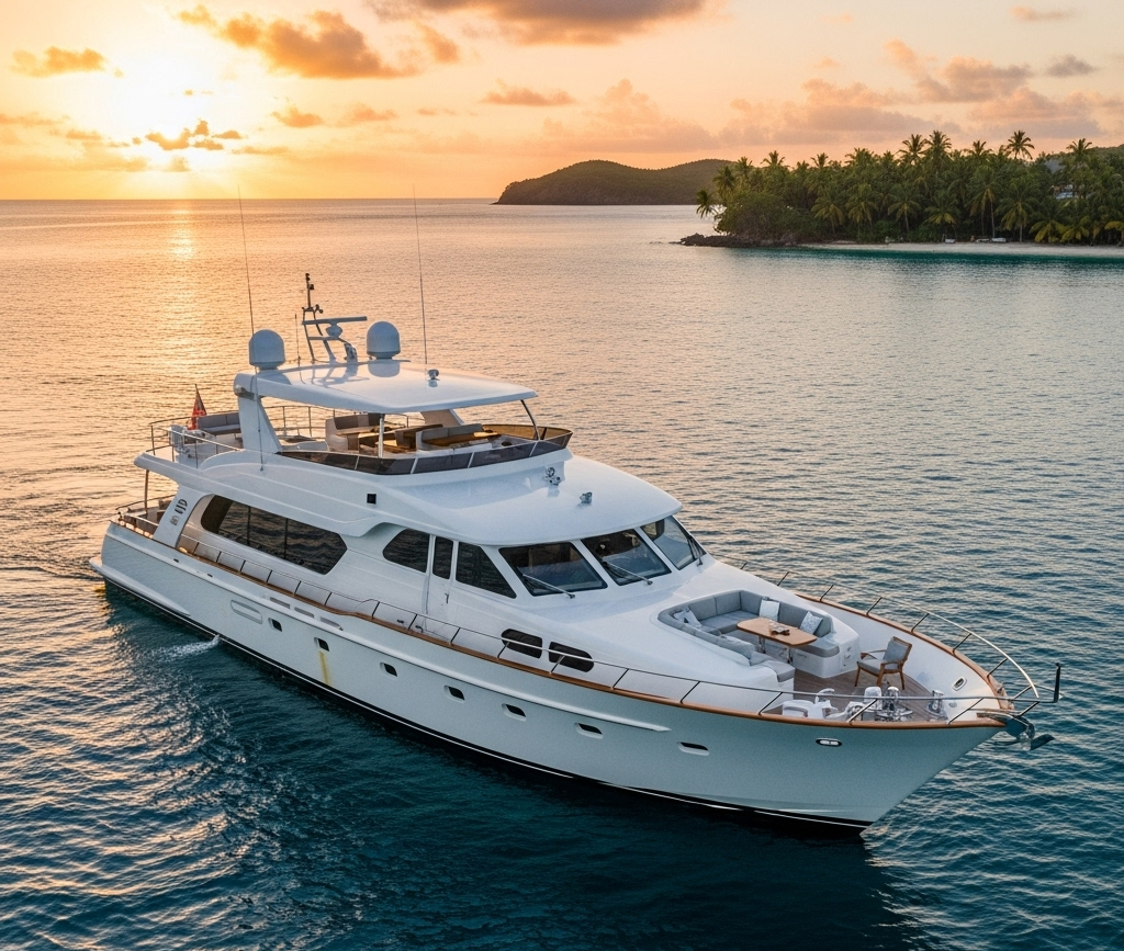 Sailing in Costa Rica on a luxurious yacht at sunset over calm waters.