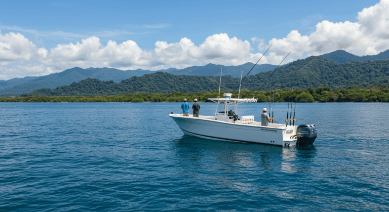 Boat on calm blue water during a fishing trip in Costa Rica.
