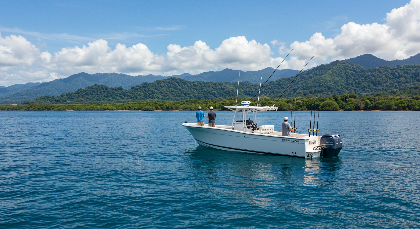 Boat on calm blue water during a fishing trip in Costa Rica.