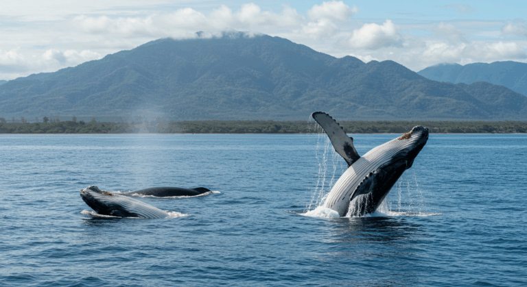 Whales swimming near the coast during the best time to see whales in Costa Rica.