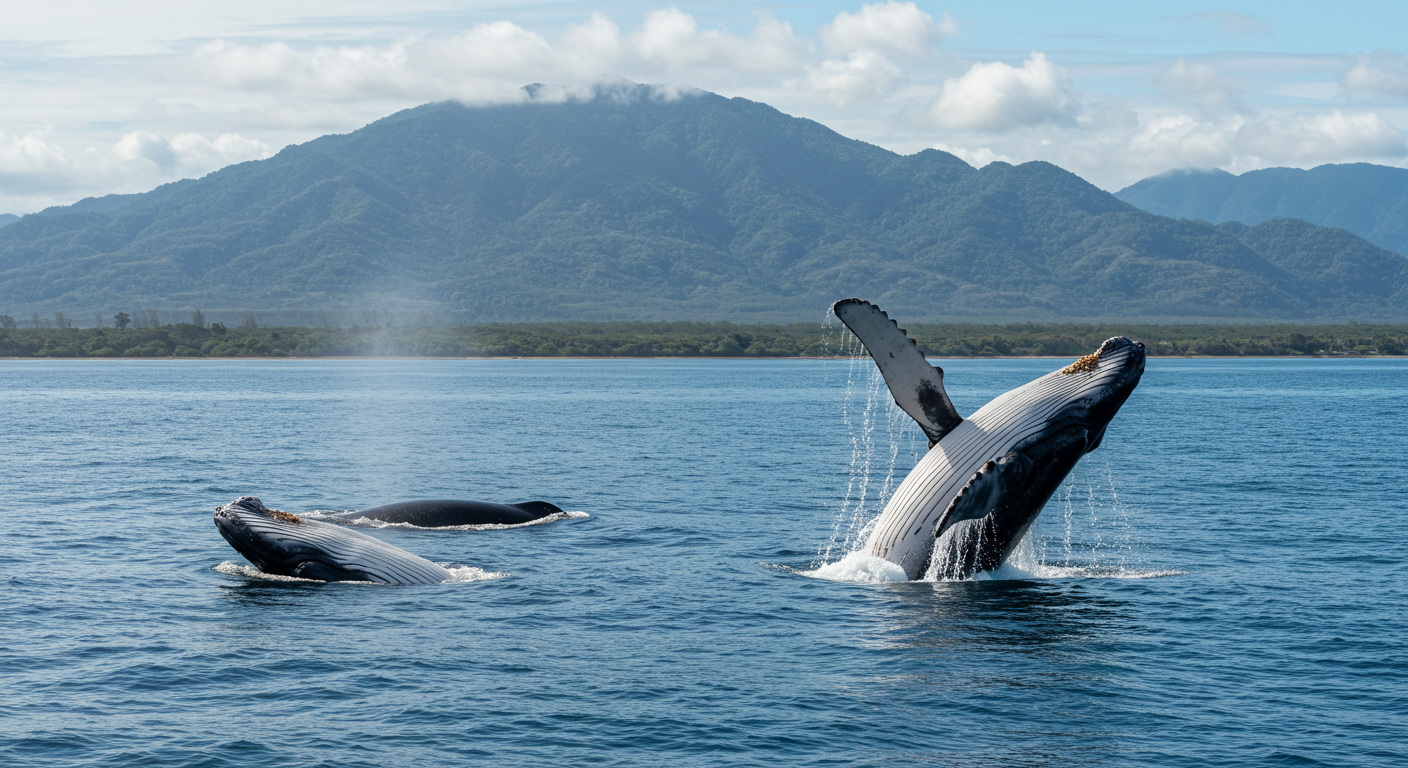 Whales swimming near the coast during the best time to see whales in Costa Rica.