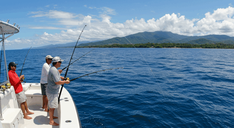 Deep sea fishing in Costa Rica with a fishing boat on the ocean under a clear blue sky.