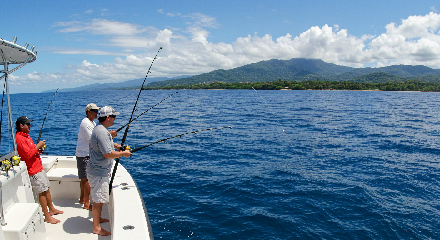 Deep sea fishing in Costa Rica with a fishing boat on the ocean under a clear blue sky.