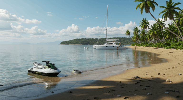 Jet ski Costa Rica as a rider speeds across turquoise waters alongside a fishing boat.