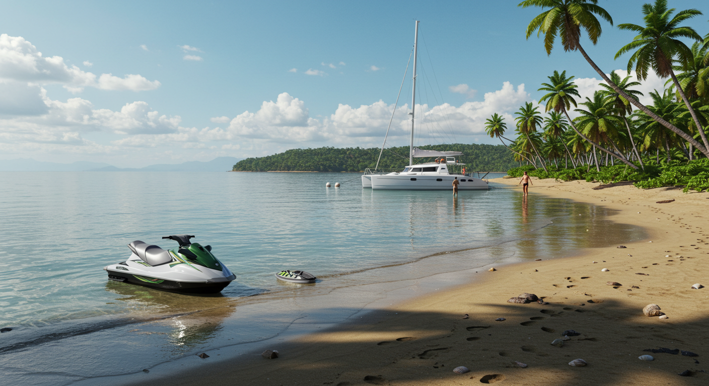 Jet ski Costa Rica as a rider speeds across turquoise waters alongside a fishing boat.