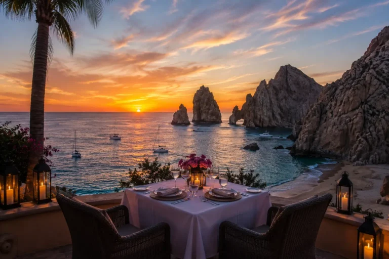 Romantic beachfront dinner at sunset overlooking the iconic rock formations of Cabo San Lucas, Mexico.