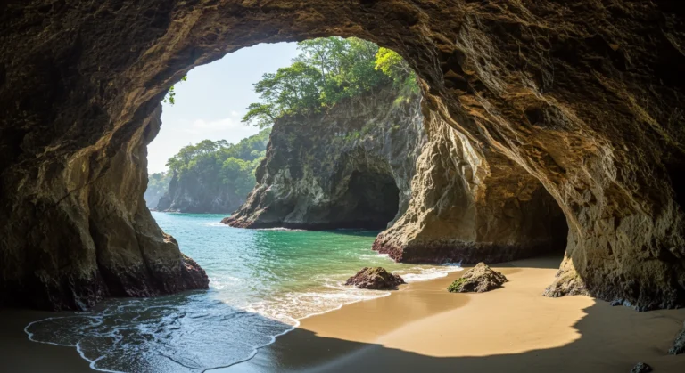 Playa Ventanas Costa Rica beach with sea caves and lush tropical surroundings